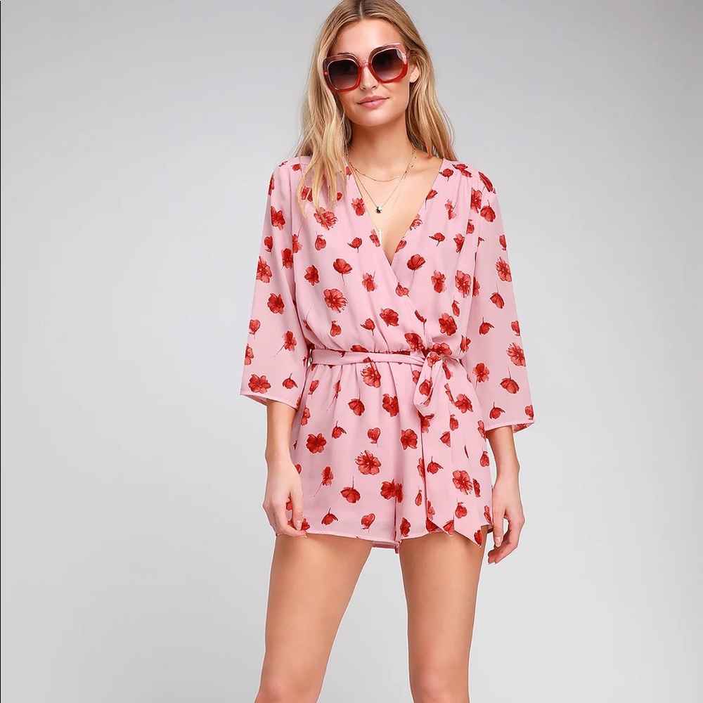 Lulus Delvy Blush Pink Floral Surplice Romper